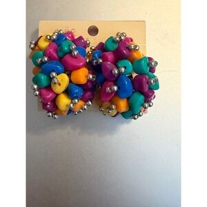Vintage Multi-Color Bead Cluster Clip-On Statement Earrings Retro 80s Style